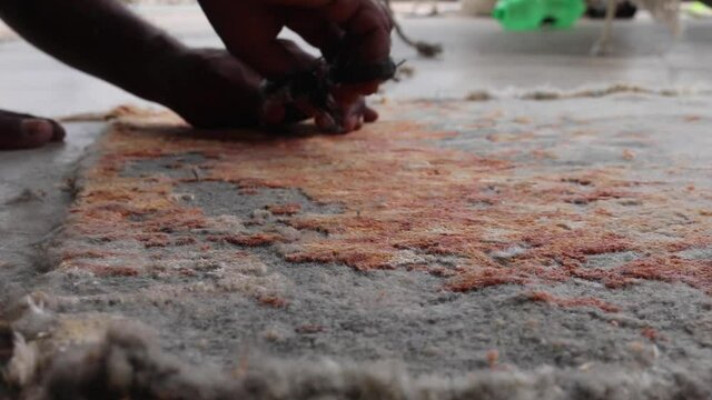 Carpet Rug making process by cutting weaving and washing with handloom