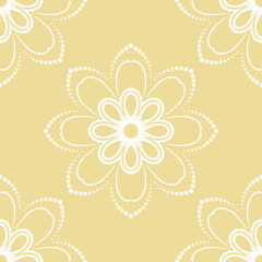 Floral ornament. Seamless abstract classic background with flowers. Yellow and white pattern with repeating floral elements. Ornament for fabric, wallpaper and packaging