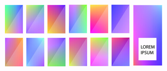 A set of 13 mesh gradient backgrounds. Rainbow graphic display, Wallpaper. bright mobile app design mixing kit bright duo color template. Vector graphics. EPS10.