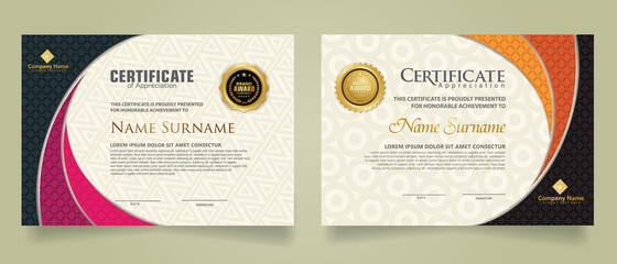 Set modern certificate template with realistic texture diamond shaped on the ornament and modern pattern background
