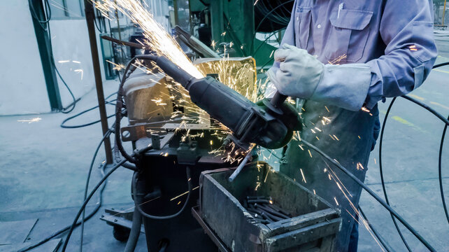 Man is using electricity saw in factory, Falsh fire from elctric saw, Metal cutting operation, Worker work in construction site, steel structures manufacture works