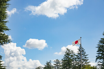 青空と雲と日本の国旗