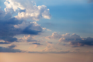 Evening sky with colorful cloud on twilight, Dusk. Sunset / sunrise with clouds, light rays and other atmospheric effect