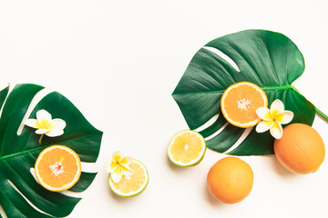 Fresh oranges and tropical leaf. Cutted citrus fruit for natural cosmetics.