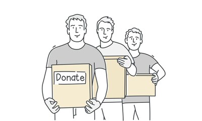 People hold boxes with the inscription donate. Hand drawn vector illustration.