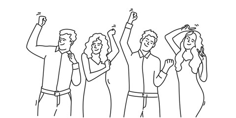 Trendy people are dancing with  raised arms. White background. Vector line.