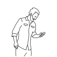 Man with beard using phone on white background. Mobile phone wireless communication. Business success concept. Vector line.