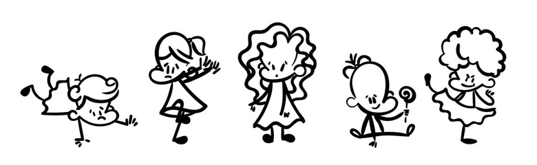 Collection of happy cartoon kids, lined hand drawn doodle outline style