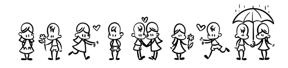 Collection of happy cartoon kids, lined hand drawn doodle outline style