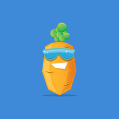 vector funny cartoon carrot character with sunglasses isolated on blue background. funky smiling summer vegetable character