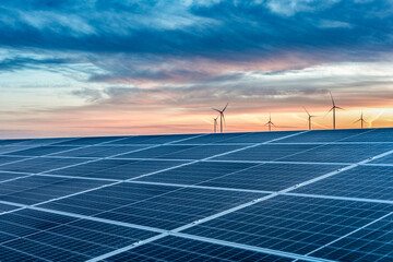 Solar photovoltaic modules during sunset in power plant, Netherlands