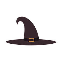 Illustration of a tall witch hat on a white background isolated. Vector design element for heluin poster, party, clothing, magic characters, magicians. Sorceress hat with gold buckle