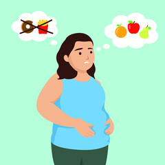 Fat woman thinking. You need to follow a proper diet. Woman upset. Vector graphics