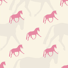Seamless pattern horses lineart. Trotting horse, realistic hand drawn doodle vector illustration.