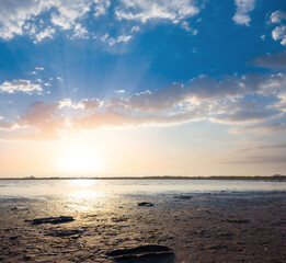 sunset over a quiet sea bay, summer sea vacation scene