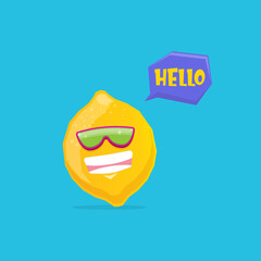 vector funny cartoon lemon character with sunglasses isolated on blue background. funky smiling summer fruit character