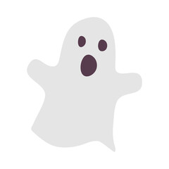 A cute gray ghost that screams, makes a sound, opens his mouth wide, howls. Vector illustration in flat style, design element for halloween sale banner, party invitation, greeting card, poster