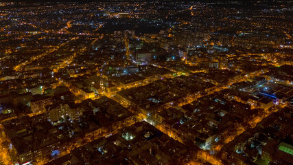 ODESSA - FEBRUARY 09, 2019: Aerial view of Varna at night. Night city Odessa, Ukraine aerial view.