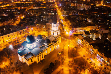 ODESSA - FEBRUARY 09, 2019: Aerial view of Varna at night. Night city Odessa, Ukraine aerial view.