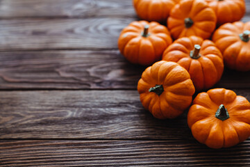 A group of miniature pumpkin on a wooden slat background