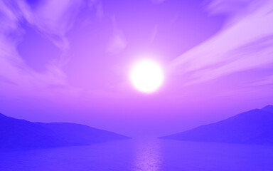 Fototapeta na wymiar 3D sunset ocean landscape with purple hue