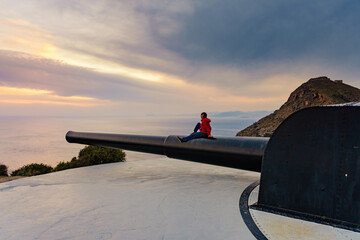 Fototapeta na wymiar Tourist woman at Battery de Castillitos in Spain