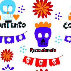 Dia de los muertos seamless pattern with sugar skull, marigold, papel picado, recordando, contento quotes. Mexicano fiesta background
