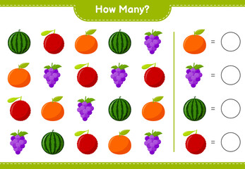 Counting game, how many fruits educational children game, printable worksheet, vector illustration