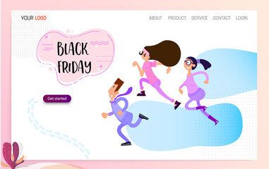 Happy people are running to the sale, Black Friday has begun. Landing page for a discount website