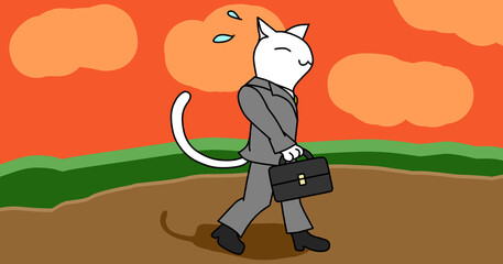 夕暮れに、汗をかいて田舎の道を歩く、カバンを持ち、スーツを着た白色のネコ