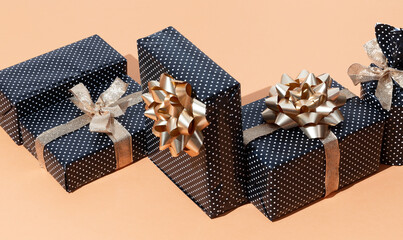 Gift box set polka dot design in isometric on trendy beige background.  Present Holiday Christmas concept