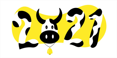 2021 Happy New Year text children design.   Spotted numbers like black and white cow pattern. Symbol winter holiday in kids flat style. 