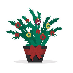 Christmas tree in pot with red bow. Decorated fir branches with balls. Cute holiday illustration in flat style.