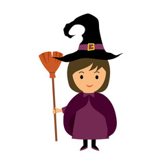 Cute witch with broom in flat design. Happy Halloween concept vector illustration on white background.