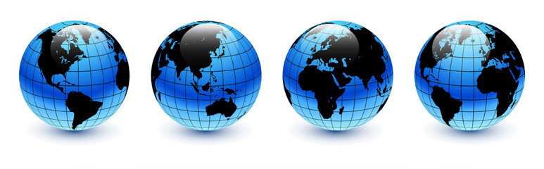 Earth globes 3D blue and black set, different views, realistic shiny icon with  parallels and meridians, vector world spheres design.  © Cobalt