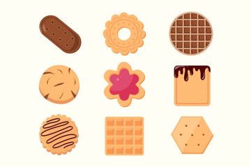 Cookie and biscuit icon collection Isolated on white background. Delicious cookies cartoon vector illustration sweet food.