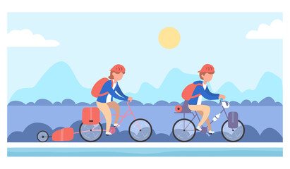 People go cycling. Bike tourism baners. Cycle sport and Mountain bike races. Bicycle riding adventure vector cartoon illustration.