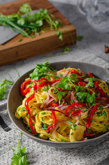 Fresh pasta with fried chicken