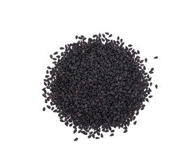 Black sesame seeds isolated on white background. top view