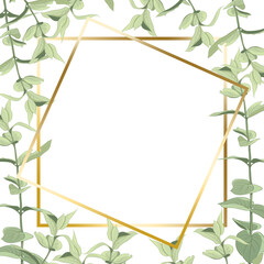 A delicate frame of leaves and branches drawn in digital graphics. Green leaves located on a white background.