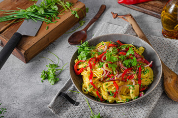 Fresh pasta with fried chicken