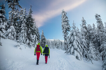 Turyści w górach zimą