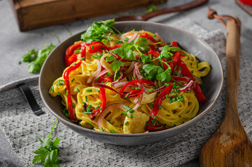 Fresh pasta with fried chicken