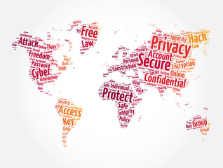 Privacy word cloud in shape of world map, concept background