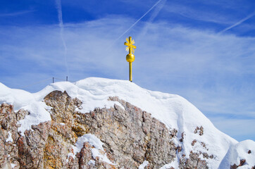 Panoramic landscape and scenic view over Alpine mountains and mountain range from Zugspitze summit...