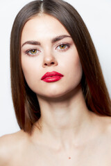 Girl with bare shoulders Confident look hairstyle model lipstick 