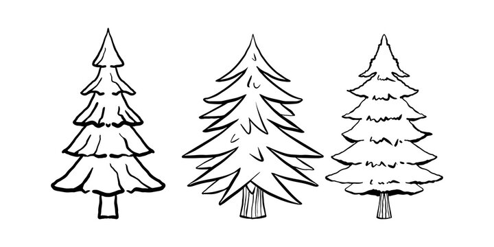 Hand drawn Christmas tree. Vector mini set with cute sketch Christmas trees isolated. Background design, flyer, banner, poster, invitation to the Christmas party. Free line ink pen forest winter