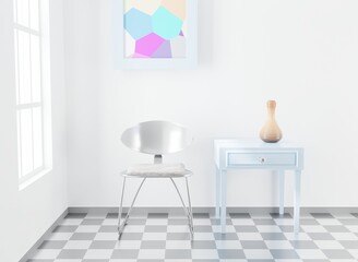 Steel chair and living room scene 3D rendering interior wallpaper background