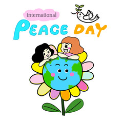 international world peace day two happy girls from different nation relaxing on the peace flower world plants with dove symbol hand drawn cartoon vector 