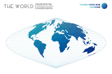 Polygonal map of the world. Sinusoidal projection of the world. Yellow, Green, and Blue colored polygons. Stylish vector illustration.